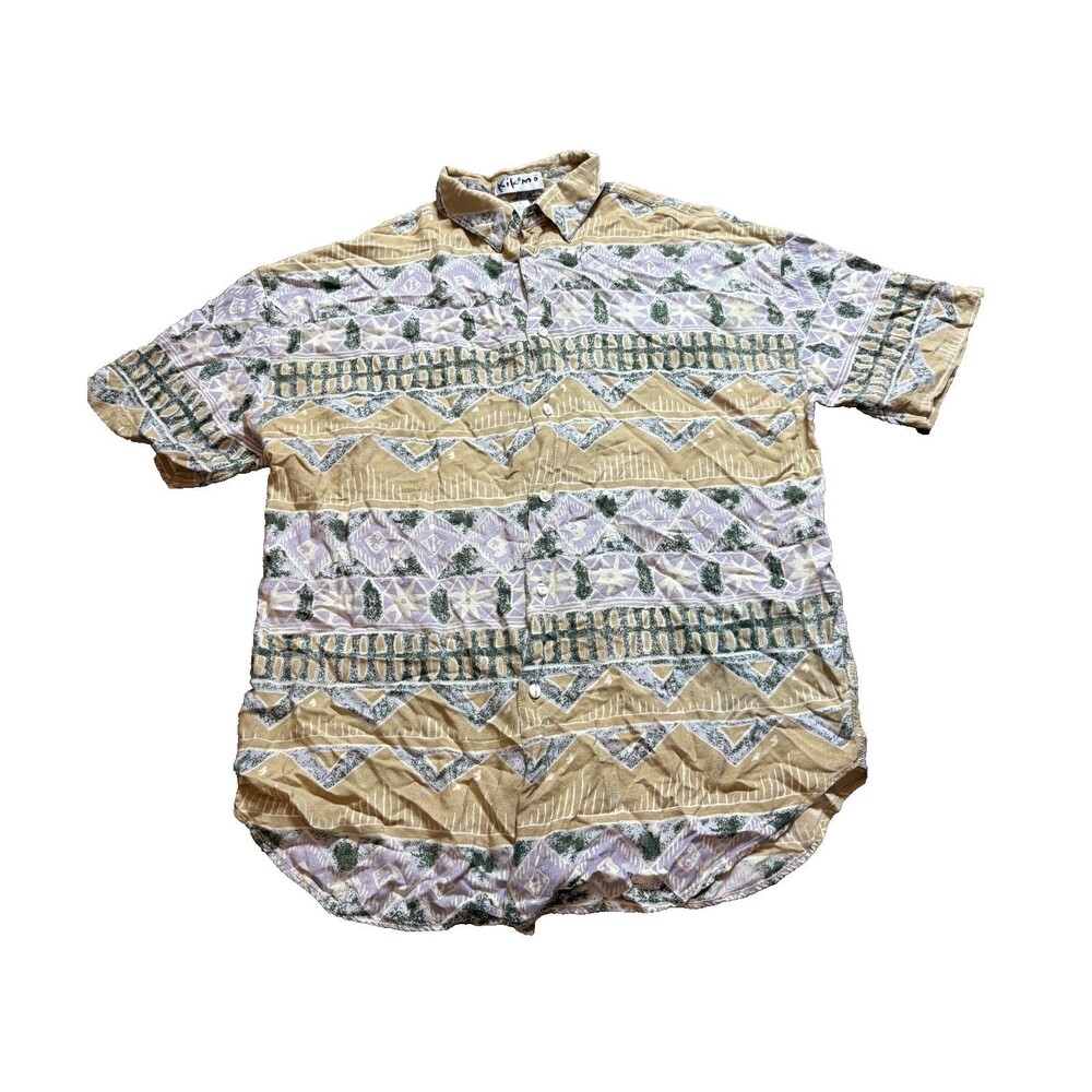 Kikomo Button Up Shirt Mens Large 100% Rayon Short Sleeve RN 51370 Rare